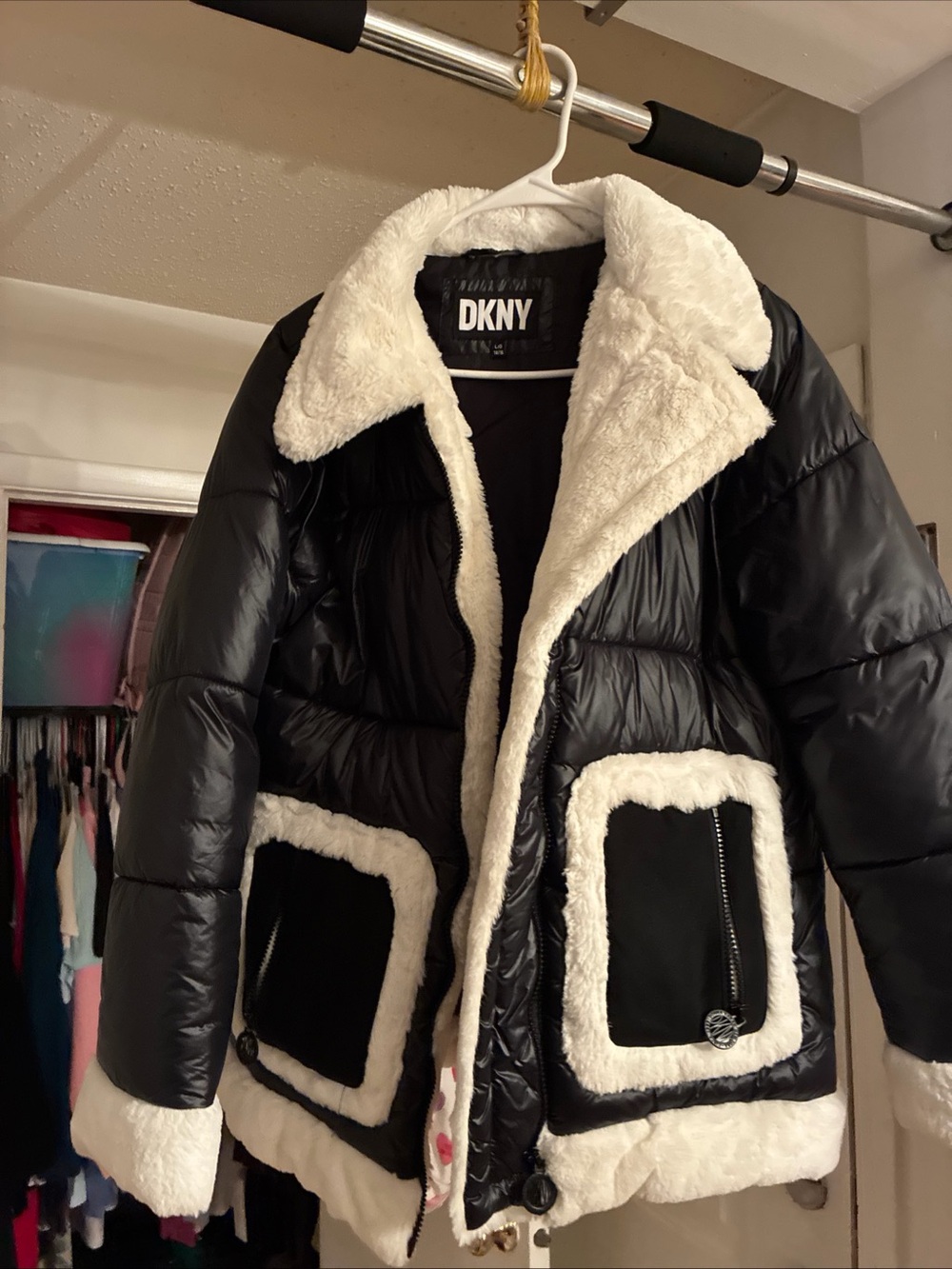 DKNY Black Puffer Jacket with White Faux-Sherpa Trim